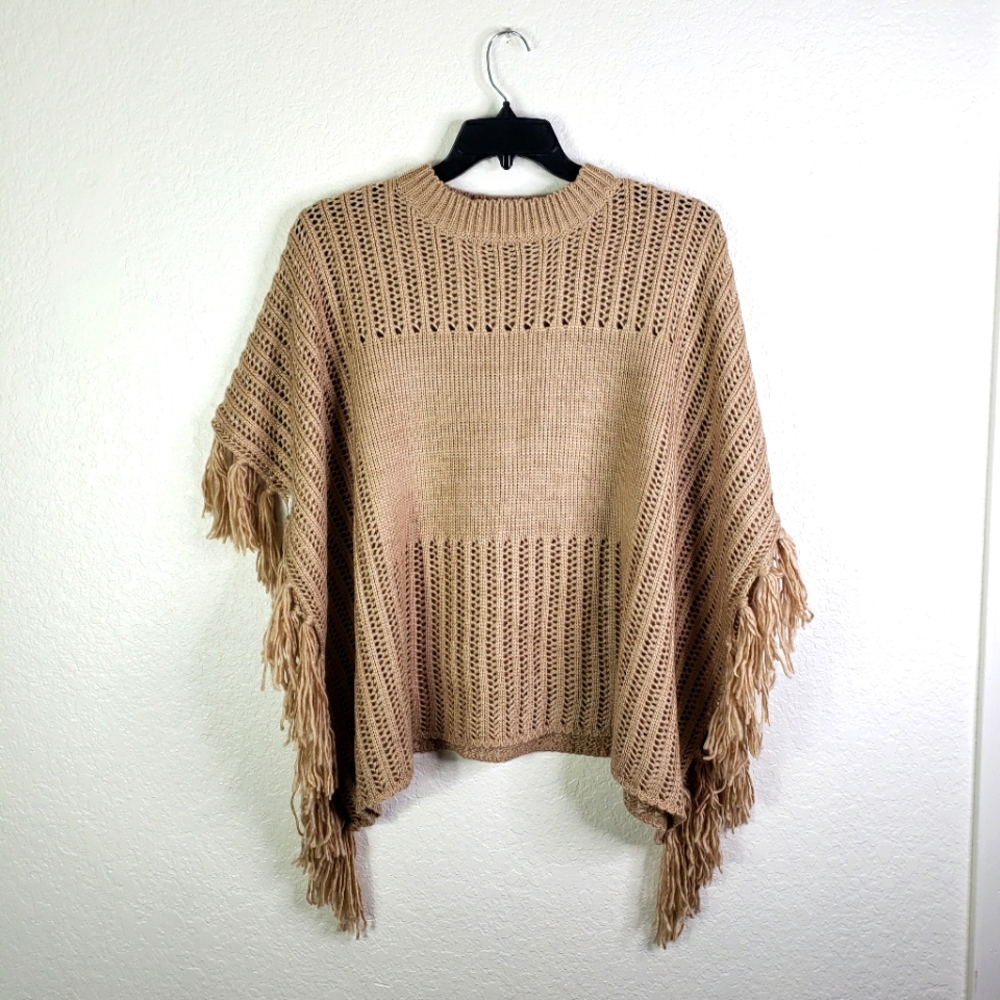 Brown Fringe Knit Poncho with Buttons